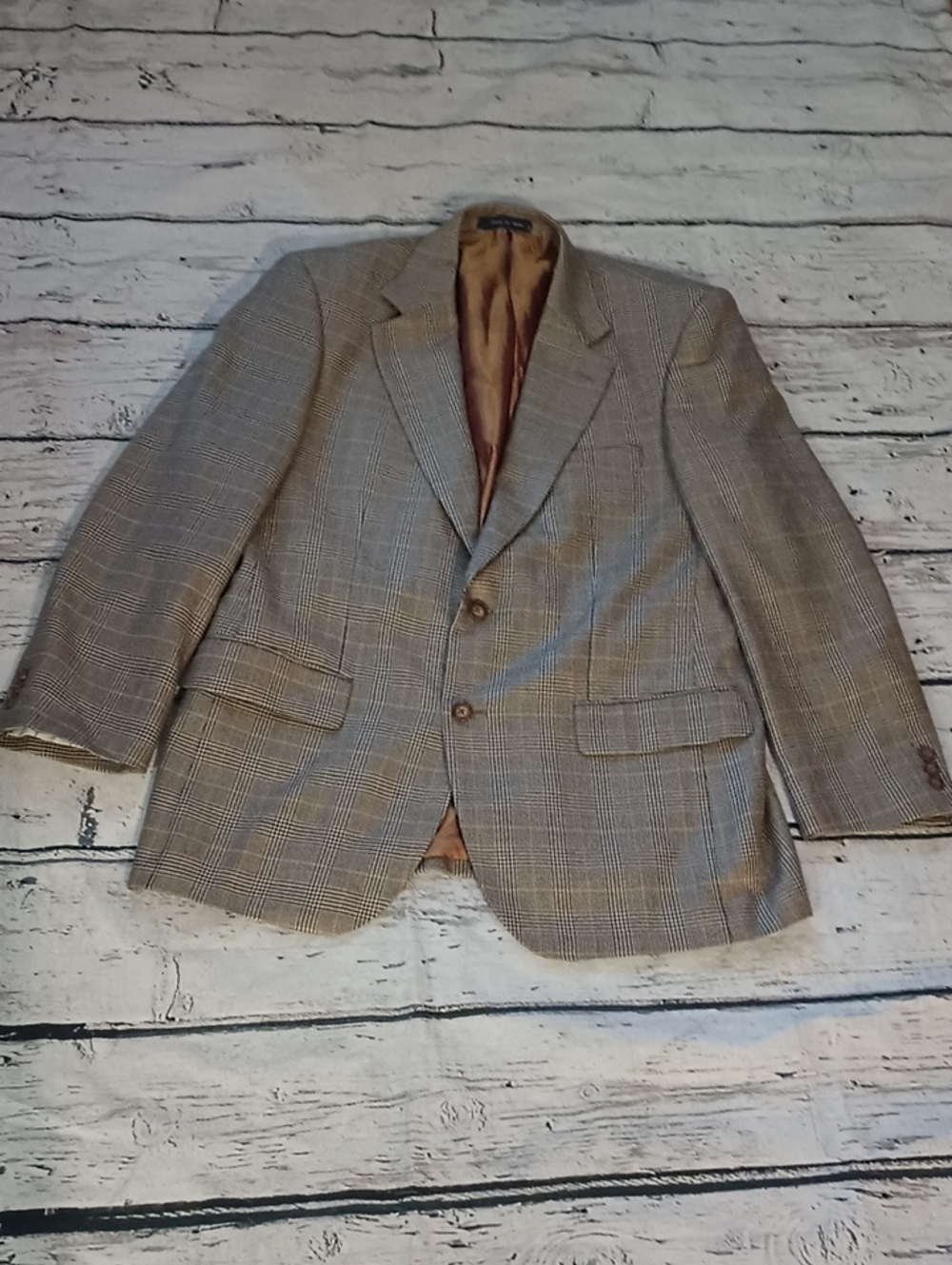 Alan Flusser Tan Blue Plaid Silk Worsted Wool Blend Blazer 40R